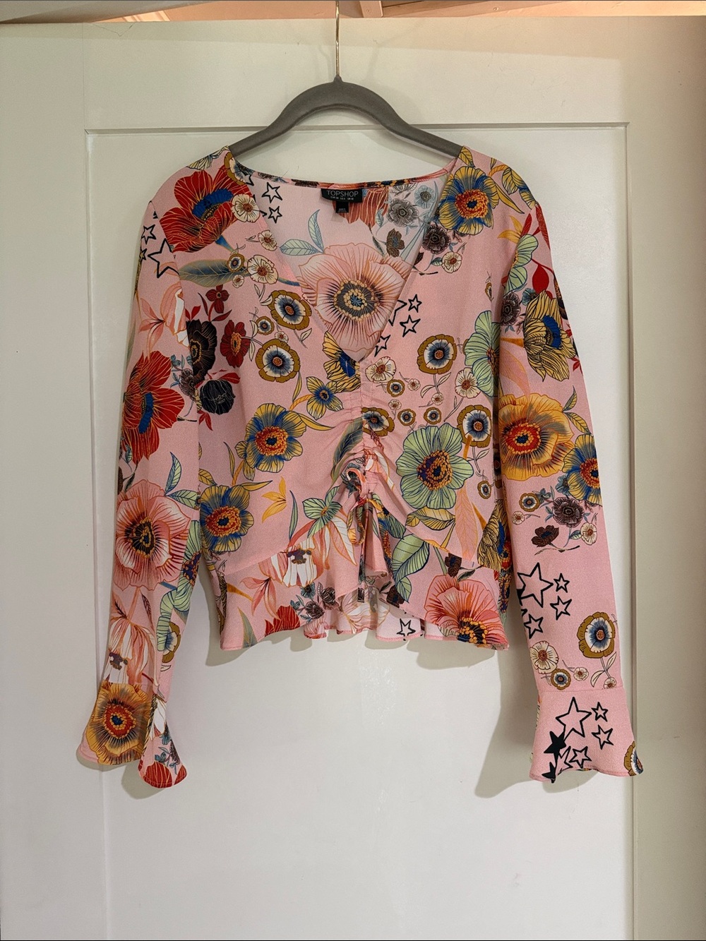 Topshop Pink Floral Ruffle-Front Long Sleeve Tee